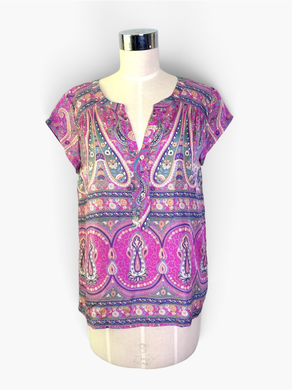 Calypso St. Barth 100% Silk Pink Paisley Split-Neck Short Sleeve Top